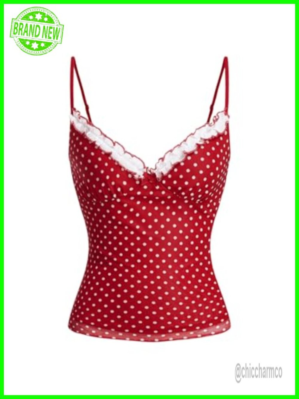 Women's Polka Dot Cami Top Frill Trim V-Neck Spaghetti Strap Slim Fit